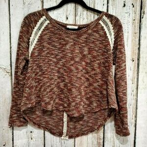 Women's Small LUSH Knit Cropped‎ length rounded hem brown lace Shirt Blouse EUC